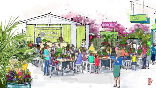 Rendering of the 2024 PHS Philadelphia Flower Show Potting Party.