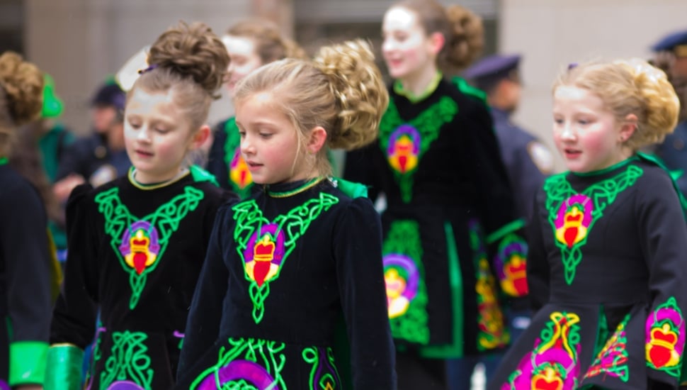 young girls marching in the St. Patricks Day Parade.