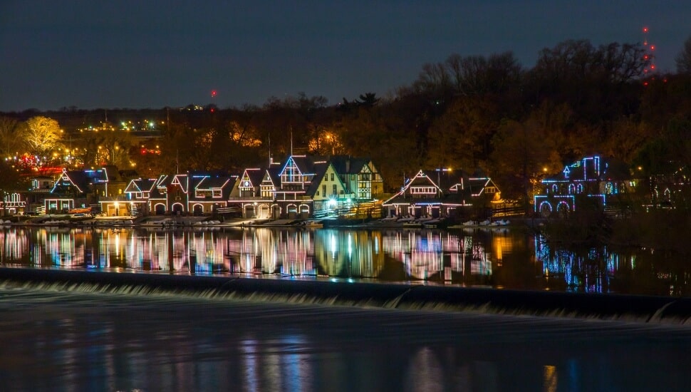 The lights of Boathouse Row in Philadelphia.