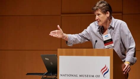 Anne Fadullon at the National Museum of American Jewish History podium.