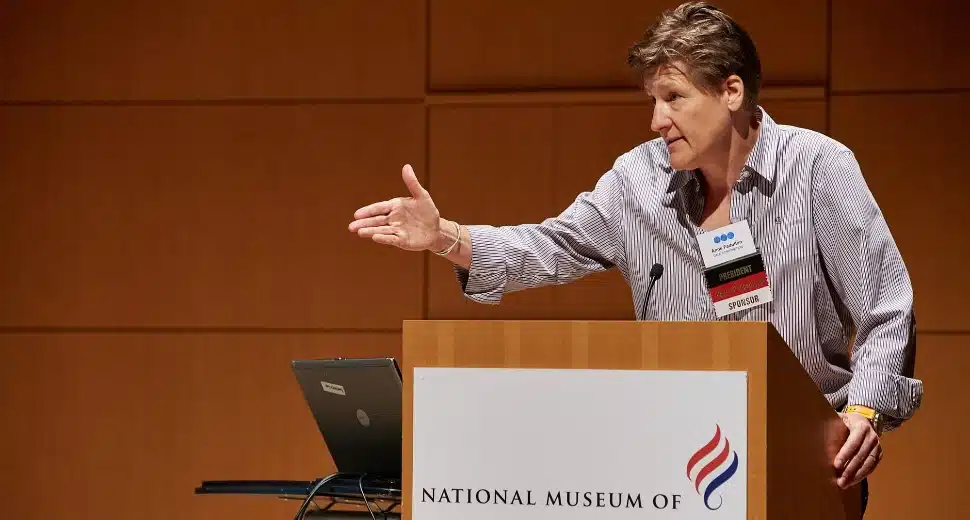 Anne Fadullon at the National Museum of American Jewish History podium.