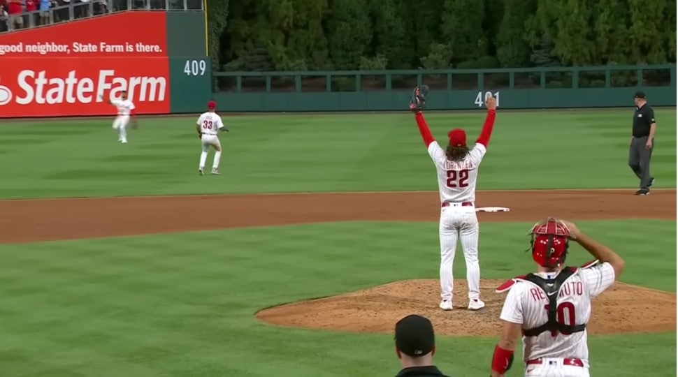 Phillies Pitcher Michael Lorenzen celebrates no-hitter.