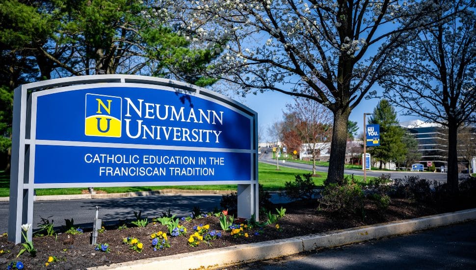 The Neumann University sign and entrance on the campus grounds in Aston.