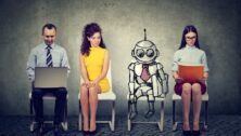 Cartoon robot sitting in line with applicants for a job interview, job stability, AI concept