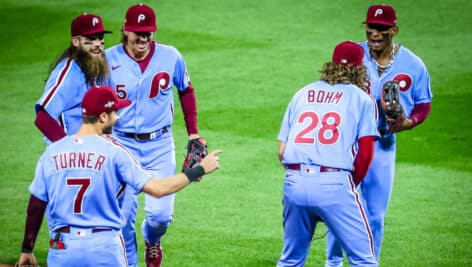 The Philadelphia Phillies celebrate close of inning.