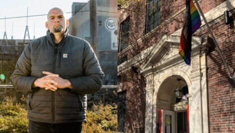 Sen. John Fetterman and exterior of William Way LGBT Community Center.