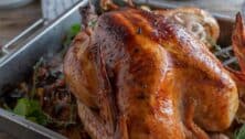 Roasted turkey inside a pan.