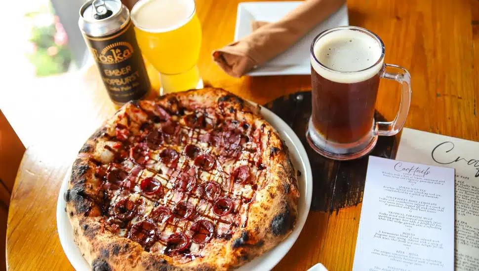 Pizza and beers at Toska Restaurant.