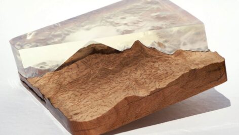 Byron Wolfe, "Vanished Volcano Visualization Kit" (detail), 2023. Resin-infused native California black oak, Eastern white oak, clear resin, digital pigment prints on linen-mounted bamboo inkjet paper for Penn State Abington instructor Julia Clift's cross-venue exhibit.