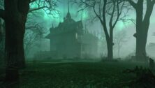 An eerie mansion bathed in green light.