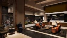 A rendering of the Riversuites hotel lobby.