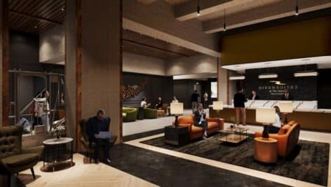 A rendering of the Riversuites hotel lobby.