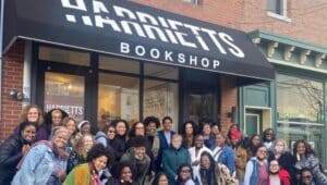 Harriett's Bookshop exterior with customers.