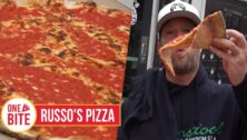 close up Russo's Pizza New Hope side by side to David Portnoy eating pizza