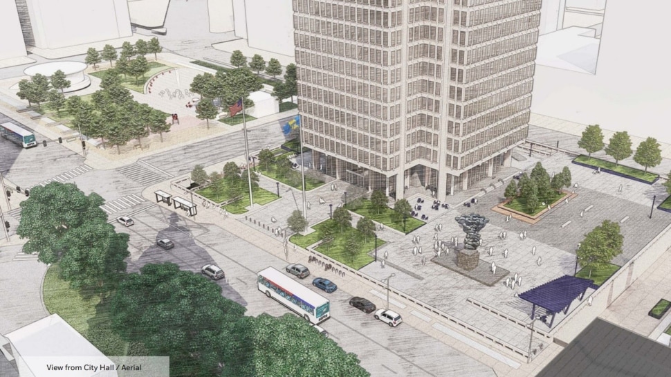 A rendering of the aerial view of City Hall