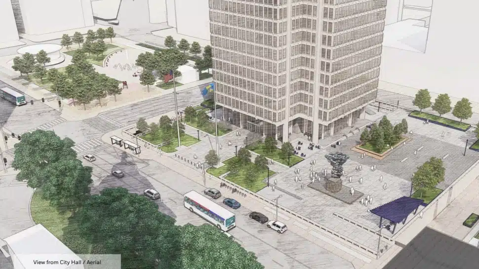 A rendering of the aerial view of City Hall