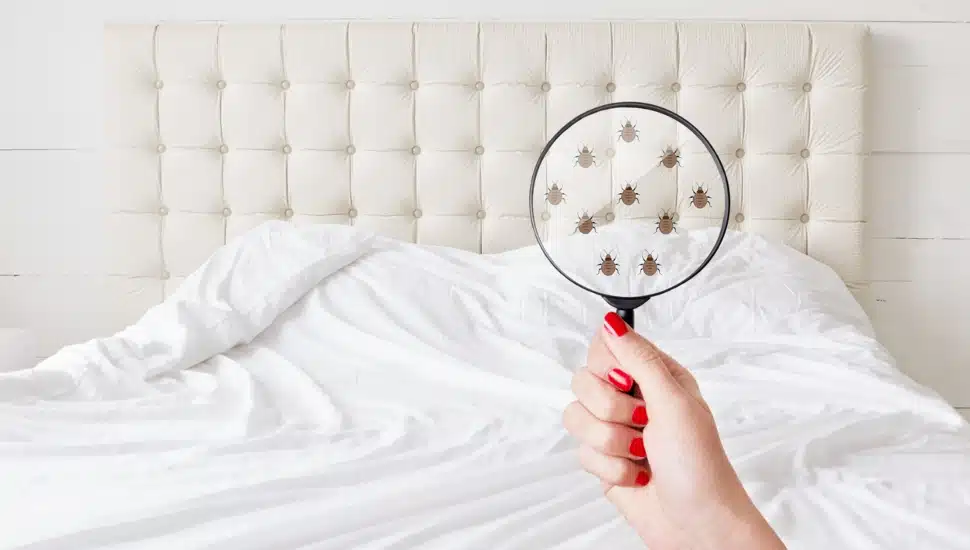 Woman holds lens, shows there are bugs in bedclothes, detects bad insects demonstrates dirty conditions