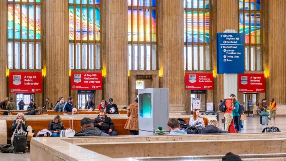 Rutgers-Camden banners inside 30th Street Station
