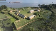 Fort Mifflin as seen from the approach to runway 27R at Philadelphia International Airport.