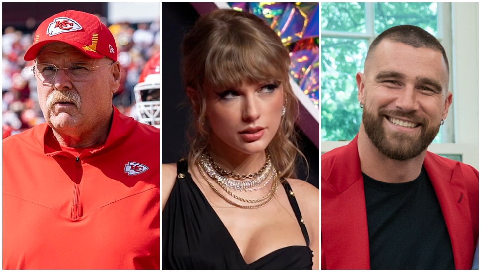 Andy Reid (left), Taylor Swift (center), Travis Kelce (right)