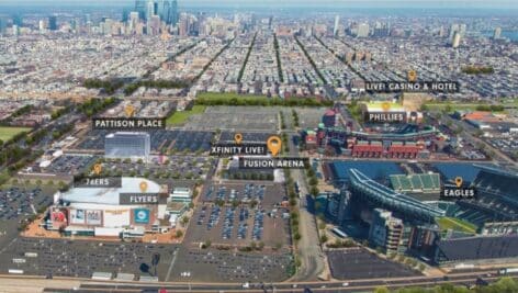 An overhead view of the South Philadelphia Sports Complex