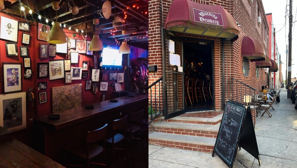 Interior of The Dive and exterior of Watkins Drinkery, two South Philly bars.