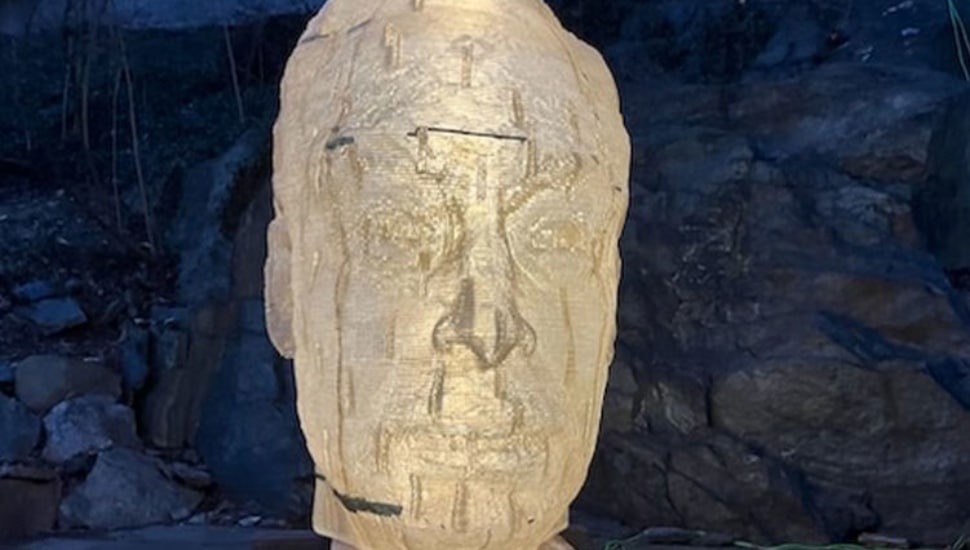 Abu, on display in Penn State Abington's outdoor amphitheater, was created by Philadelphia artist Miguel Horn as he processed a serious illness that his father battled several years ago. It encapsulates the shared challenges humans face when confronting aging and illness in a loved one.