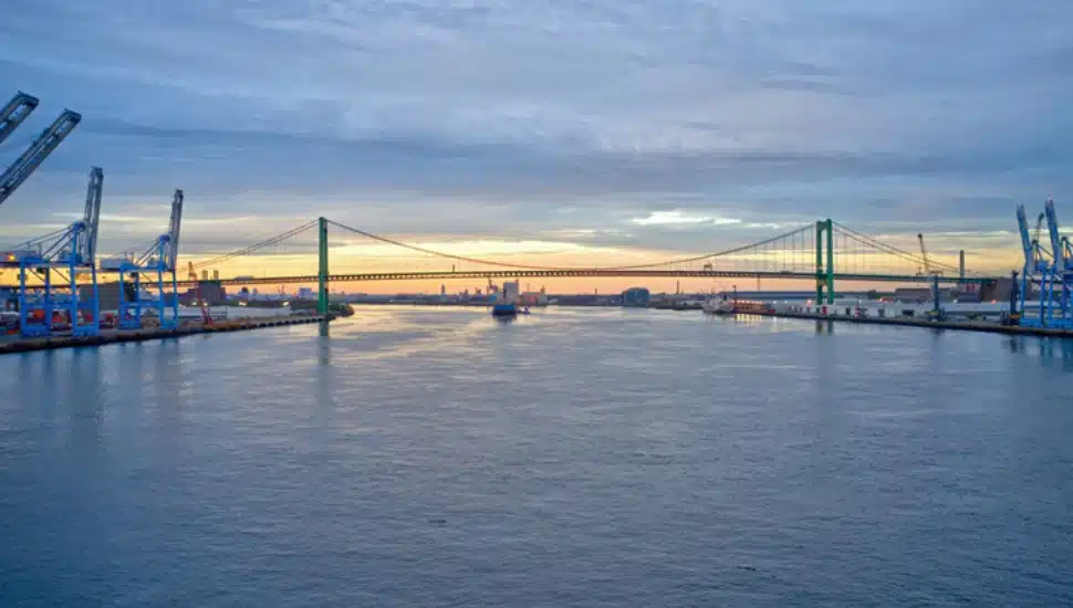 Aerial View of Walt Whitman Bridge and Delaware River Philadelphia.