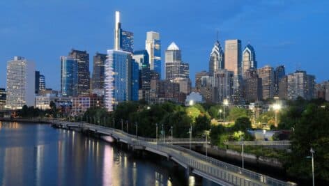 Philadelphia skyline reflected on Schuylkill River at dusk