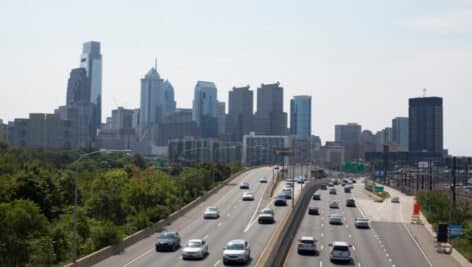 Philadelphia skyline and access roads