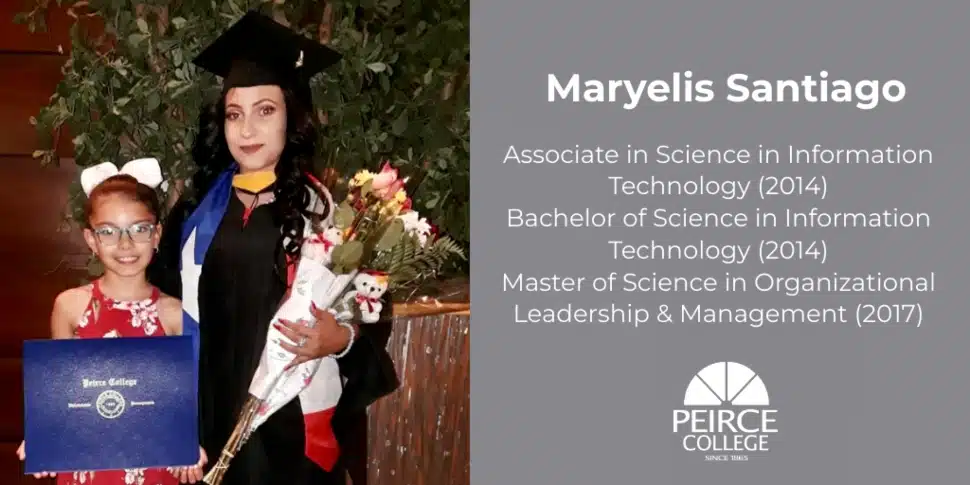 Maryelis Santiago poses at Peirce College graduation with her young daughter