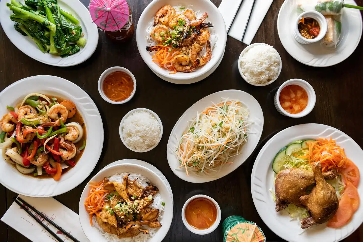 A variety of Vietnamese food on a table.