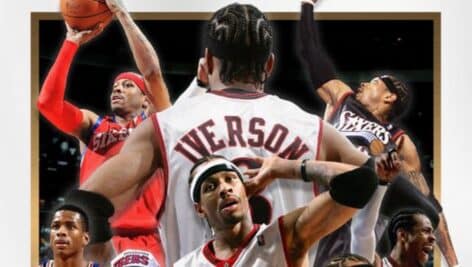 A graphic of several images of Allen Iverson with the Sixers.