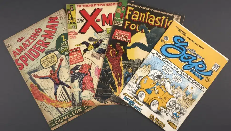A Spider-Man comic, X-Men comic, Fantastic Four comic, and Zap comic