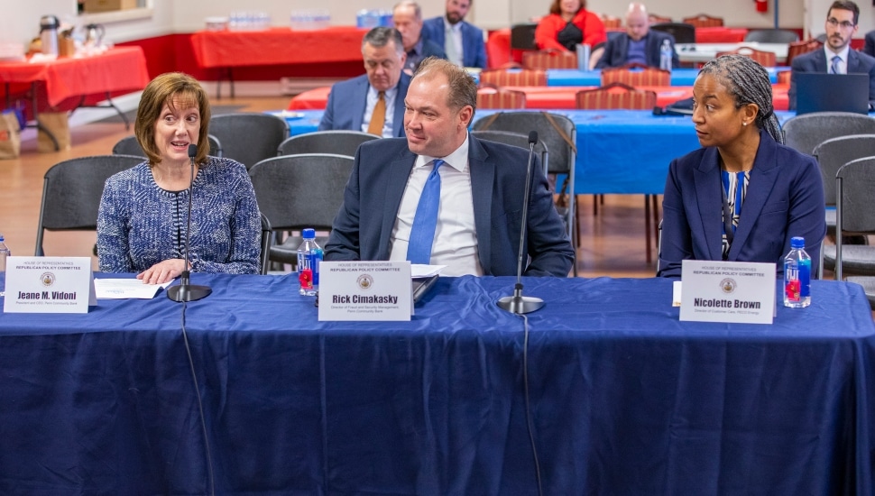 Leaders from Penn Community Bank and government officials convened at a hearing titled "Safeguarding our Community from Fraud." From L-R: Jeane Vidoni, President and CEO; Rick Cimakasky, Director of Fraud and Security Management; and Nicolette Brown, PECO Director of Customer Care.