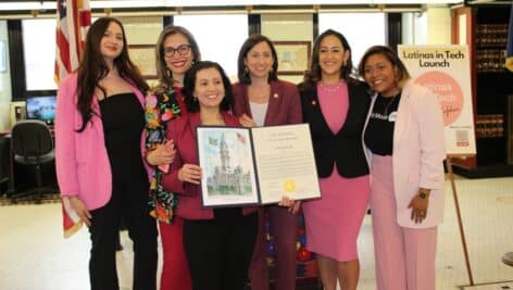 Founders members of the Latinas in Tech Philadelphia chapter with a citation issued by Councilmember Rue Landau.