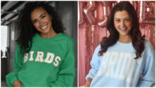 A model sporting a Philadelphia Eagles crewneck, and another sporting a bridal-themed crewneck. Each from Made By Taylor Nicole