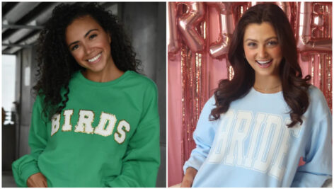 A model sporting a Philadelphia Eagles crewneck, and another sporting a bridal-themed crewneck. Each from Made By Taylor Nicole