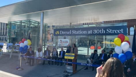 SEPTA CEO Leslie Richards speaking outside Drexel Station at 30th Street.