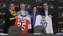 Flyers and University of Delaware hold up hockey jerseys