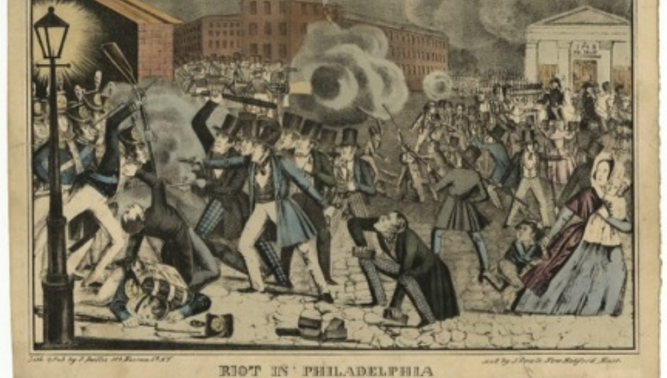 A painting of the fight that took place in the Southwark neighborhood on July 7, 1844.