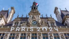 Detail of the facade of the town hall of Paris, France, decorated for the Olympic and Paralympic Games