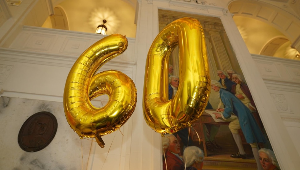 A "60" balloon in celebration of Saint John's Hospice's 60th year anniversary.