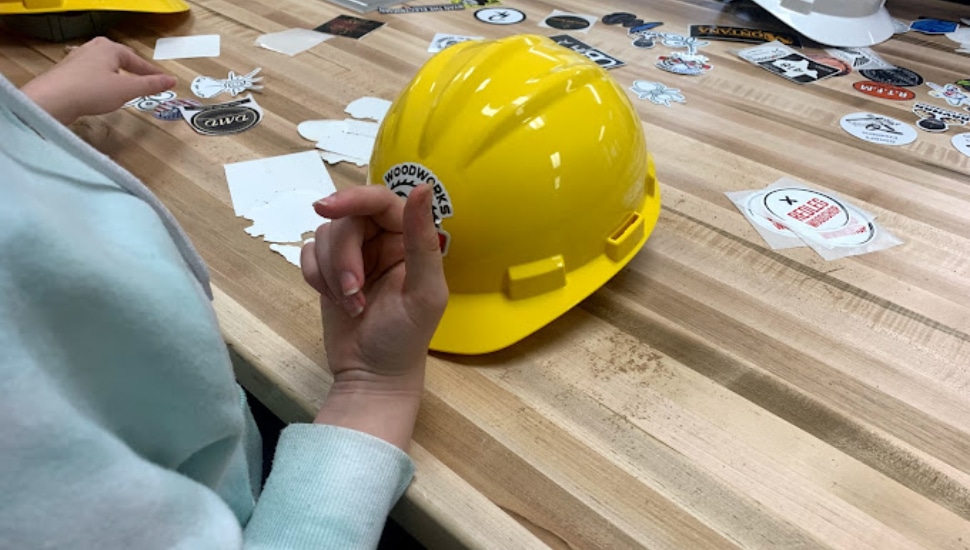 A hard hat on a table