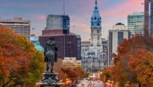 Philadelphia, Pennsylvania, USA in autumn overlooking Benjamin Franklin Parkway.