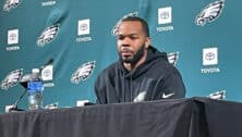 Jeremiah Trotter Jr. speaking at a press conference.