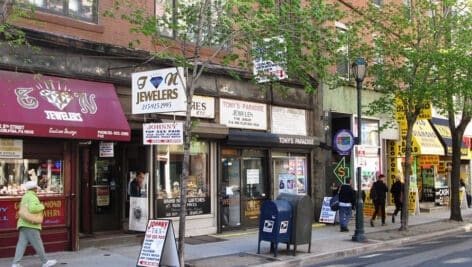 Philadelphia's Jewelers Row on the west side of S. 8th Street between Sansom and Chestnut Streets looking north.