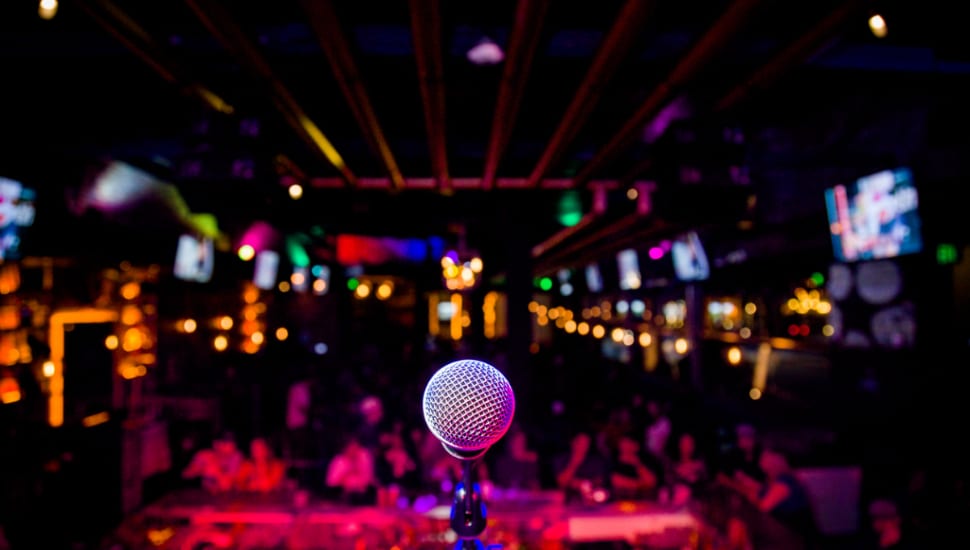 A microphone on a stage.