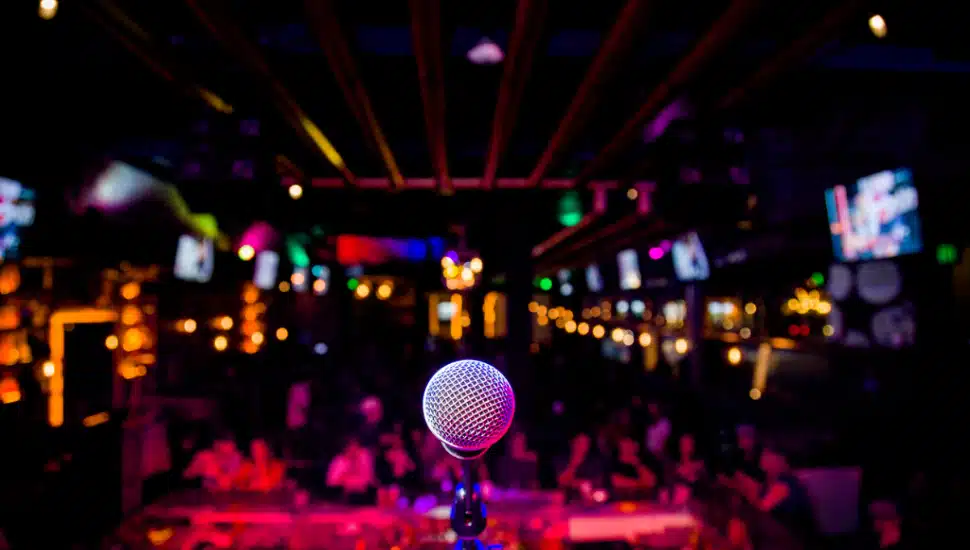 A microphone on a stage.