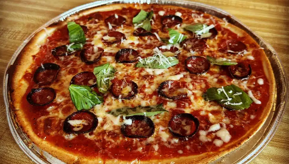 A pizza from Pizza Brain.